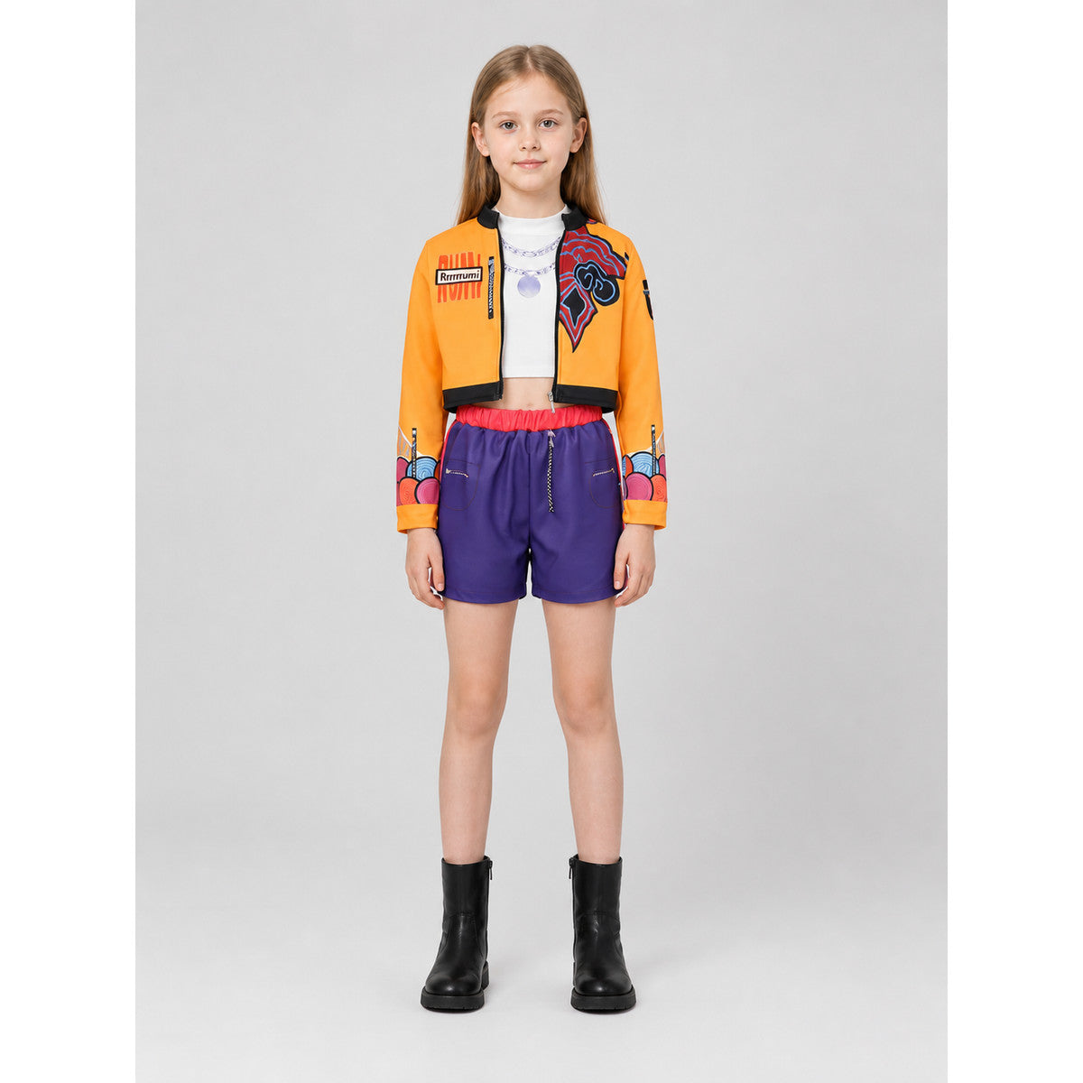 Cosplay costume with jacket, top, and shorts on-model view