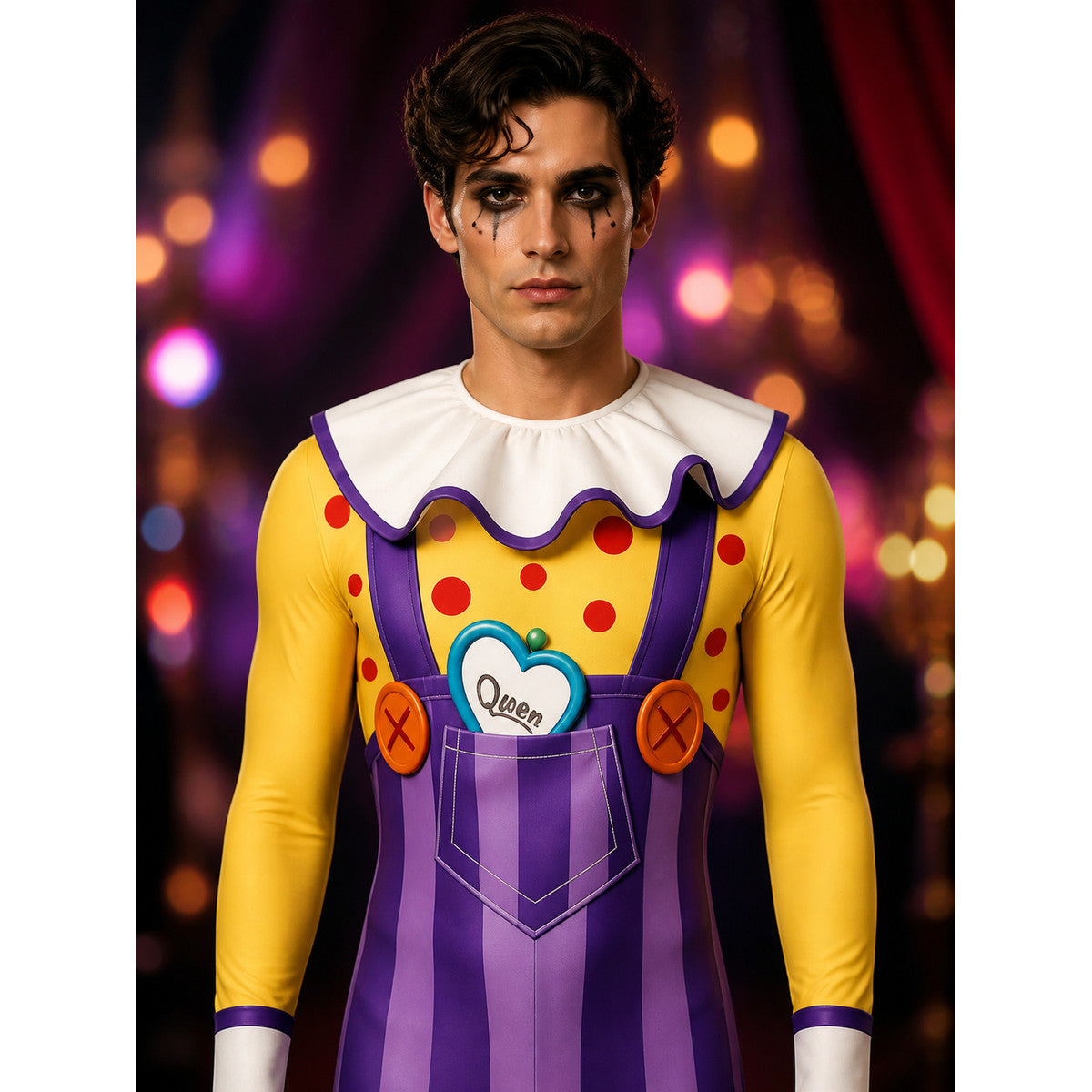 Giggling Clown Jumpsuit, Purple Striped Bib Overalls with Ruffled Collar on-model view