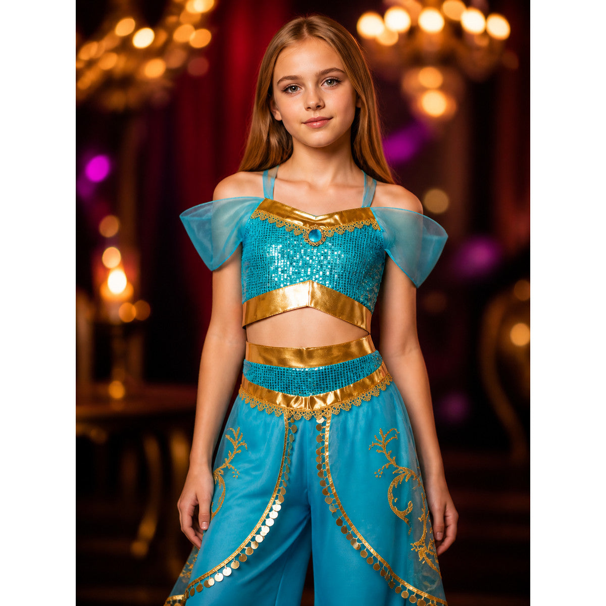 Girls Arabian Princess Halloween Costume Set, Sequined Top and Harem Pants on-model view