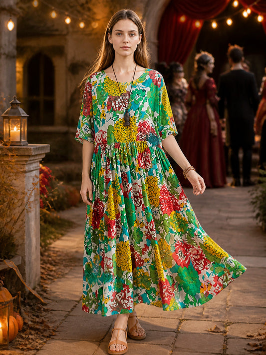 Green Multicolor Floral Print Long Dress with Short Sleeves, Round Neck, Wide