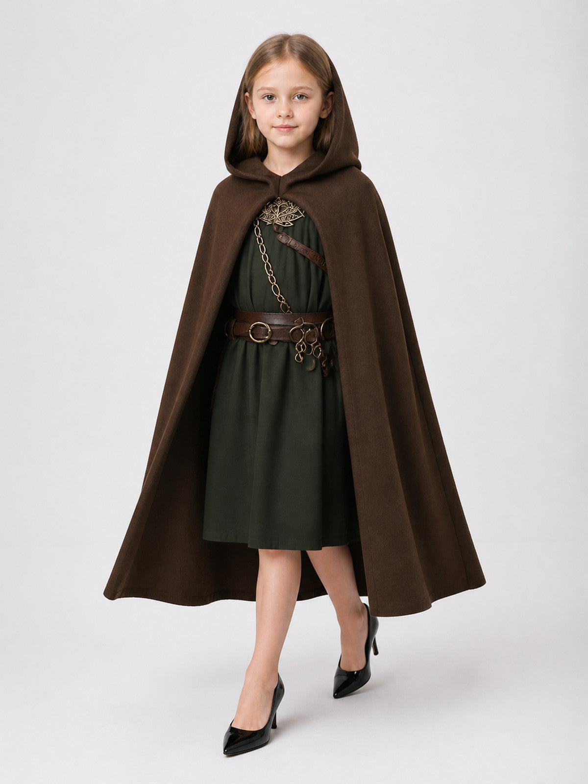 Brown hooded cloak shown full-body on a girl over a dark green dress with a belt, chain, and decorative brooch