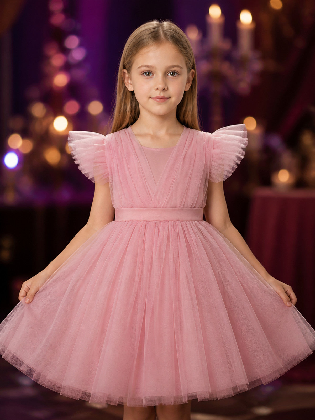 Toddler Girls' Pink Princess Dress, Layered Tulle Flutter Sleeve Formal Gown on-model view
