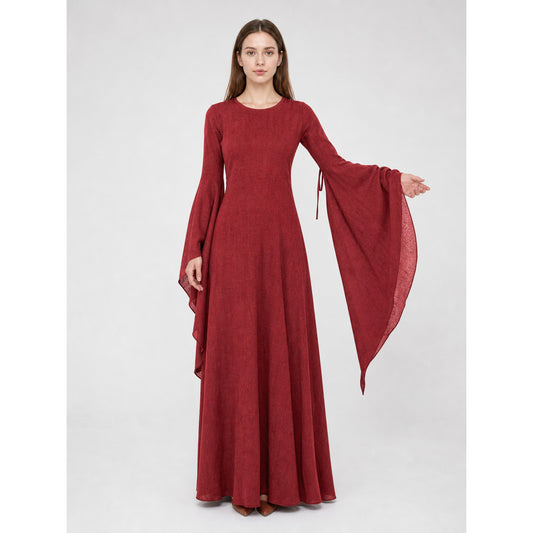 Burgundy Floor-Length Dress with Long Sleeves and Belt