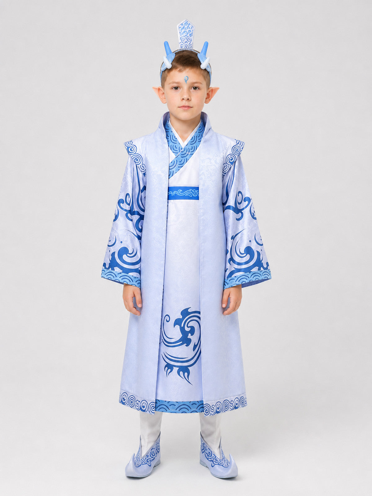 Ao Bing Cosplay Costume, 6-Piece Set, White and Blue on-model view
