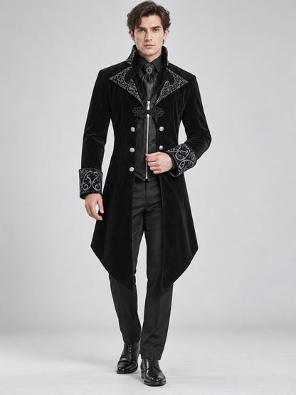 Black tailcoat with a high collar and silver embroidery