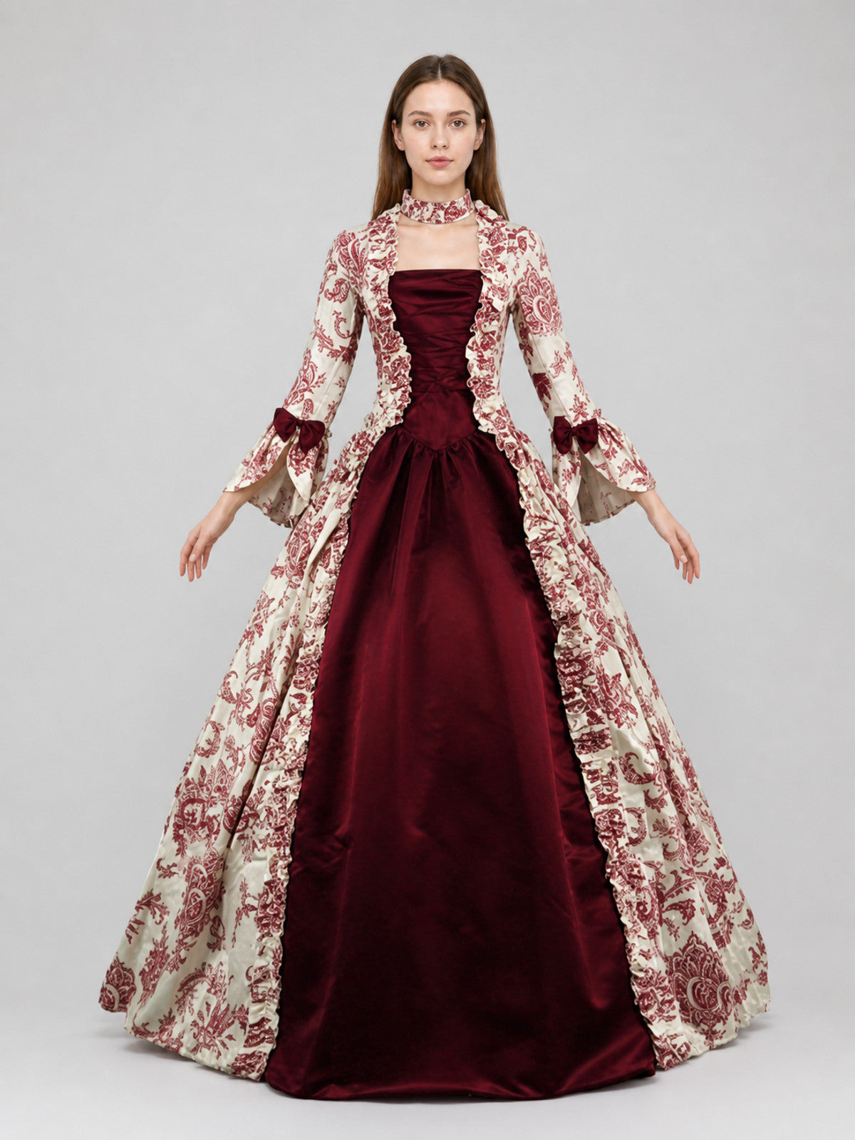 Vintage Dress with Ornate Pattern and Puff Sleeves front view