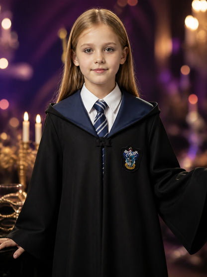 Ravenclaw Wizard Robe Costume Set with Hood, Tie and Crest on-model view