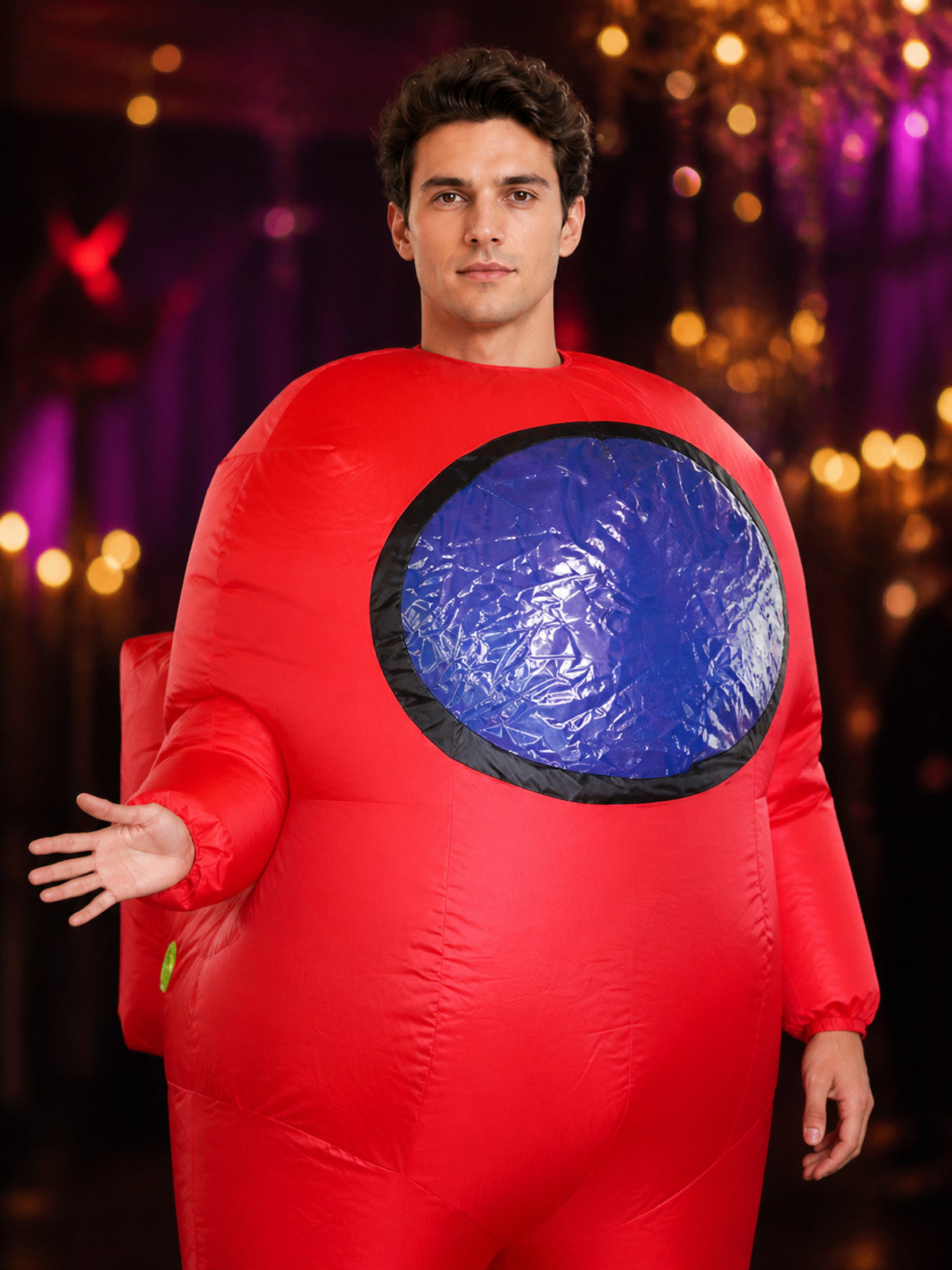 Red Inflatable Alien Costume with Blue Observation Window, Funny Halloween on-model view
