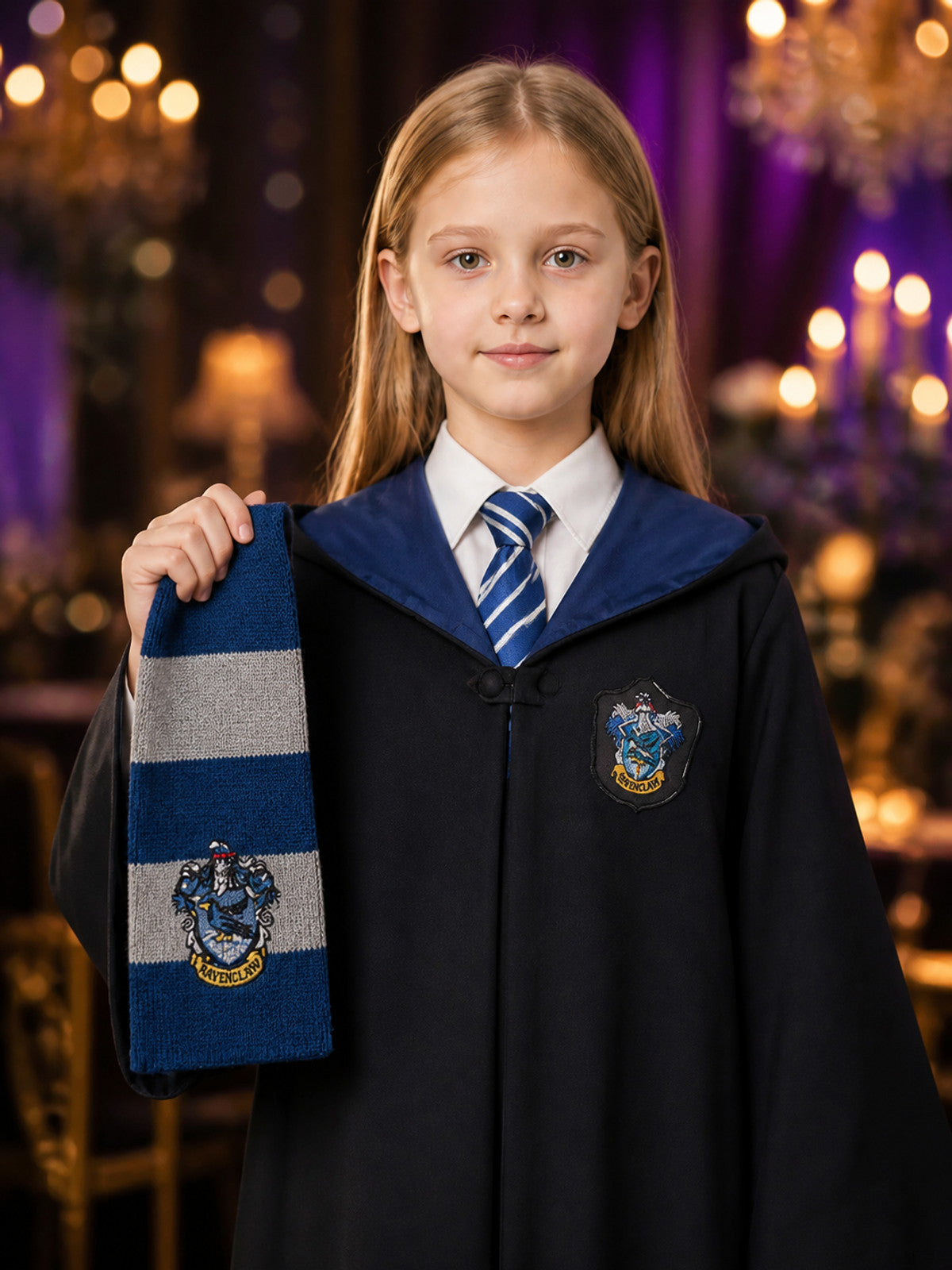 Kids Wizard Robe Costume Set, Hooded Long Cloak with Tie and Scarf, School on-model view
