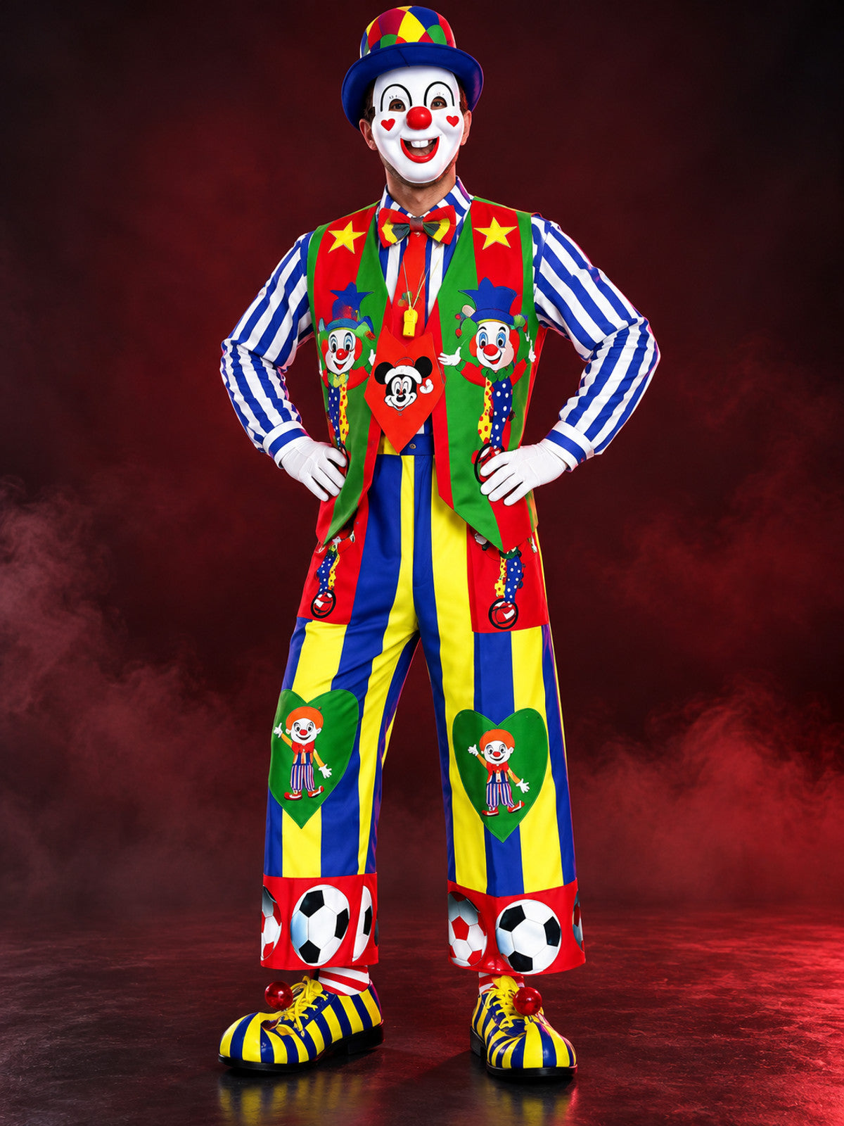 Colorful clown costume with vest, hat, and mask