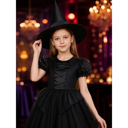 Kids' Witch Costume Dress Set with Hat, Black Puff-Sleeve Halloween Outfit on-model view