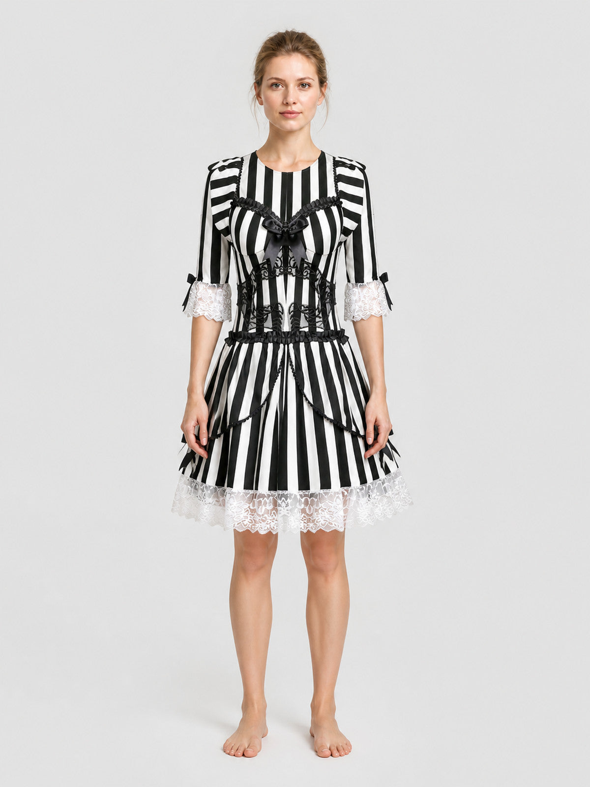 Black and White Striped Halloween Dress with Lace on-model view