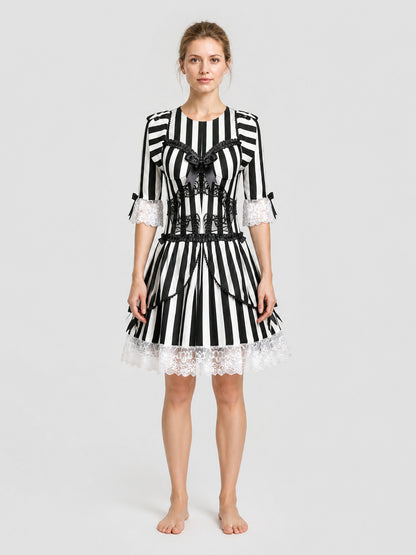 Black and White Striped Halloween Dress with Lace on-model view