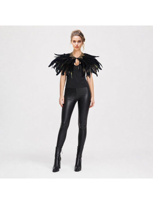 Black Feather Capelet with Gold Lace-Trimmed Collar, Feathered Shoulder Cape for