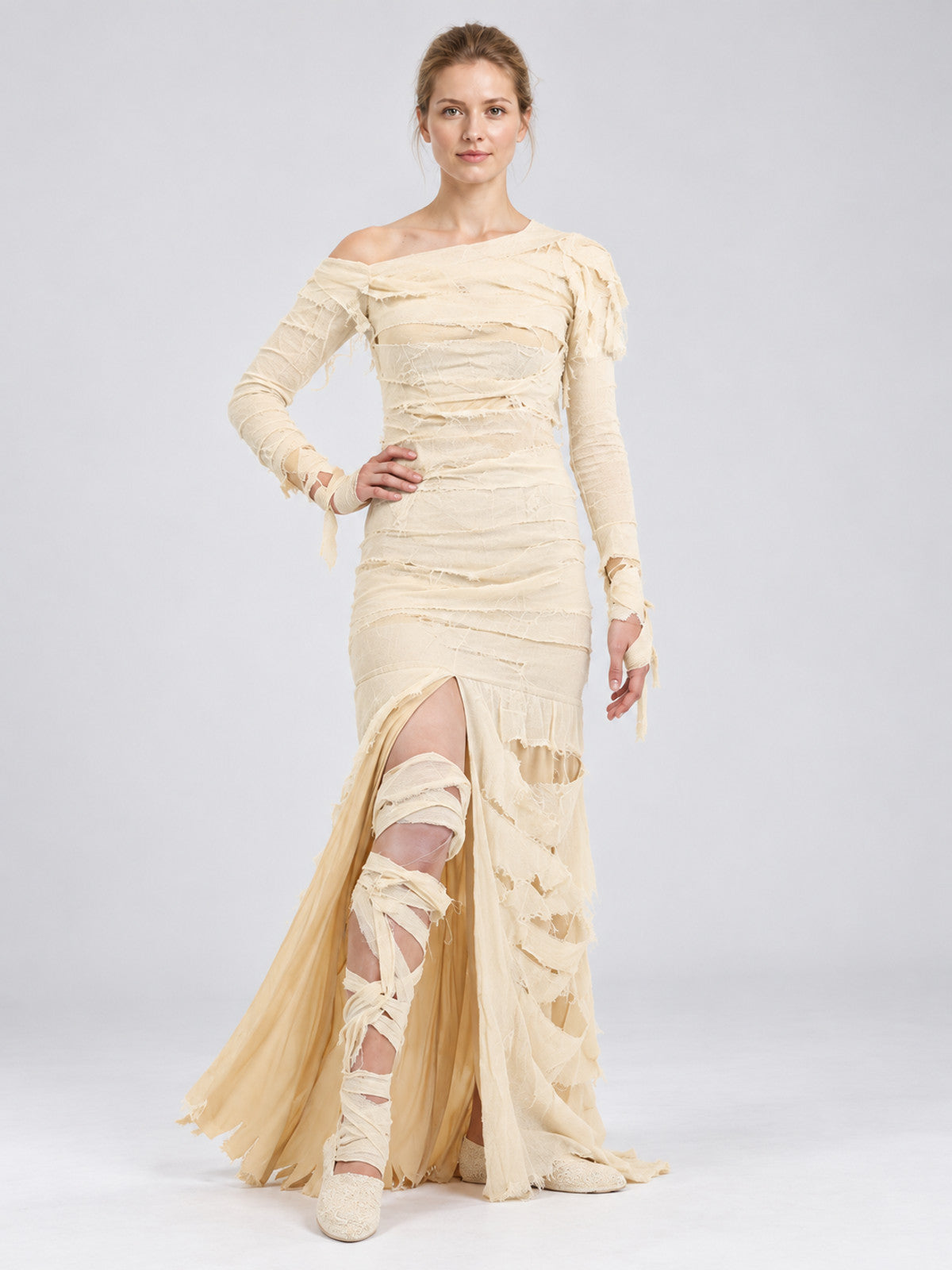 Cream Mummy Costume with Slit and Train on-model view