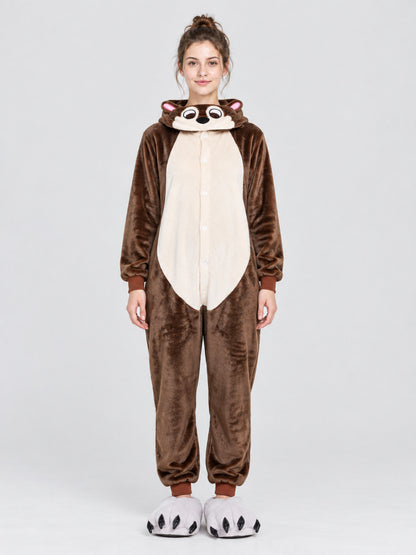 Flannel Pajama Jumpsuit with Hood and Ears