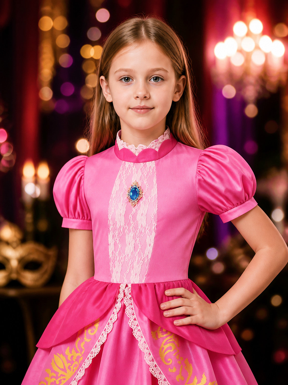 Girls Princess Dress Halloween Costume, Lace-Trimmed Puff Sleeve Gown on-model view