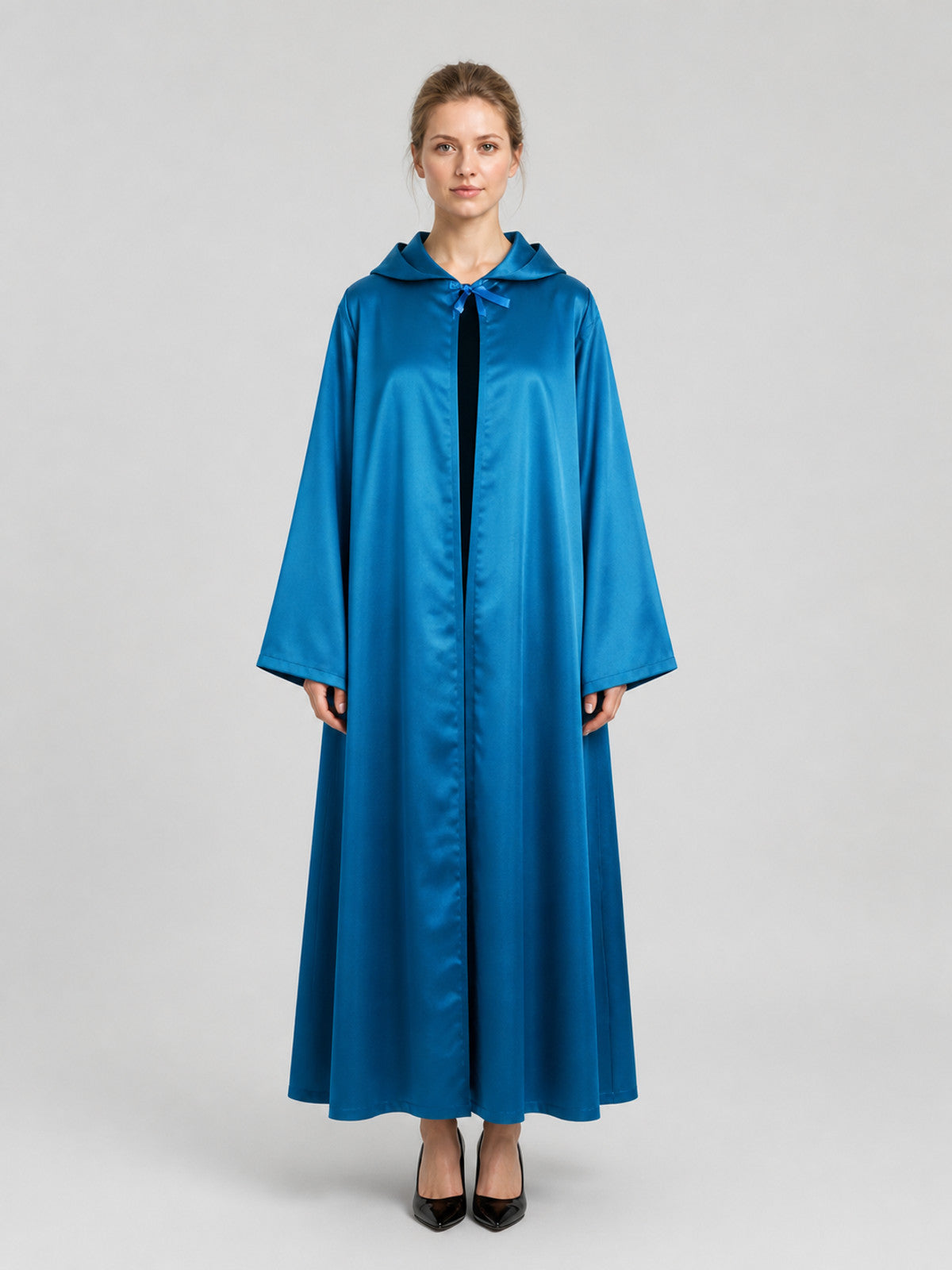 Blue Long Hooded Cloak with Front Slit on-model view