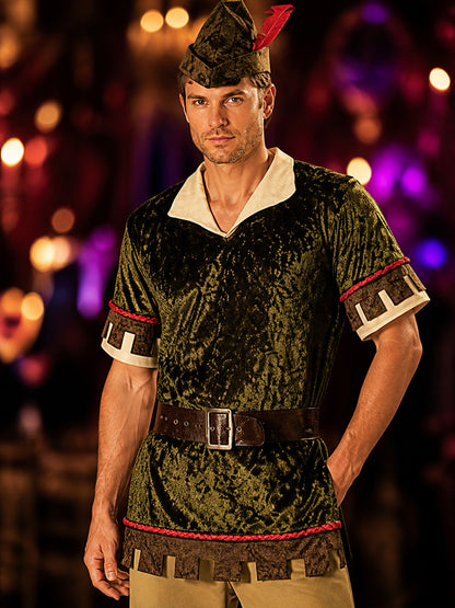 Women's And Men's Robin Hood Costume Set, Medieval Forest Ranger Cosplay Outfit on-model view
