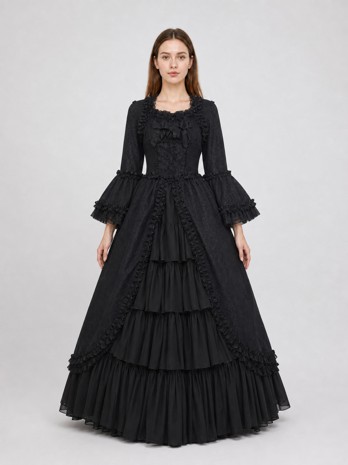 Gothic Victorian Dress with Sleeves and Ruffles front view