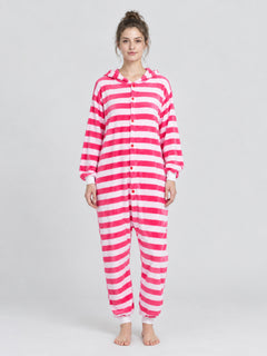 Pink and White Striped Hooded Pajama Jumpsuit