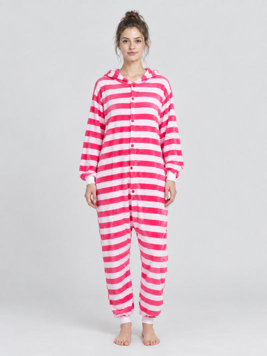 Pink and White Striped Hooded Pajama Jumpsuit