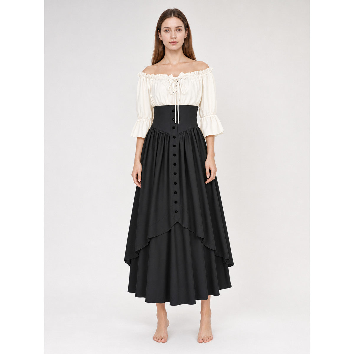 Vintage-style off-the-shoulder lace-up dress