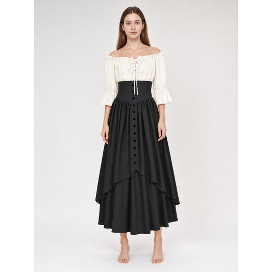 Vintage-style off-the-shoulder lace-up dress
