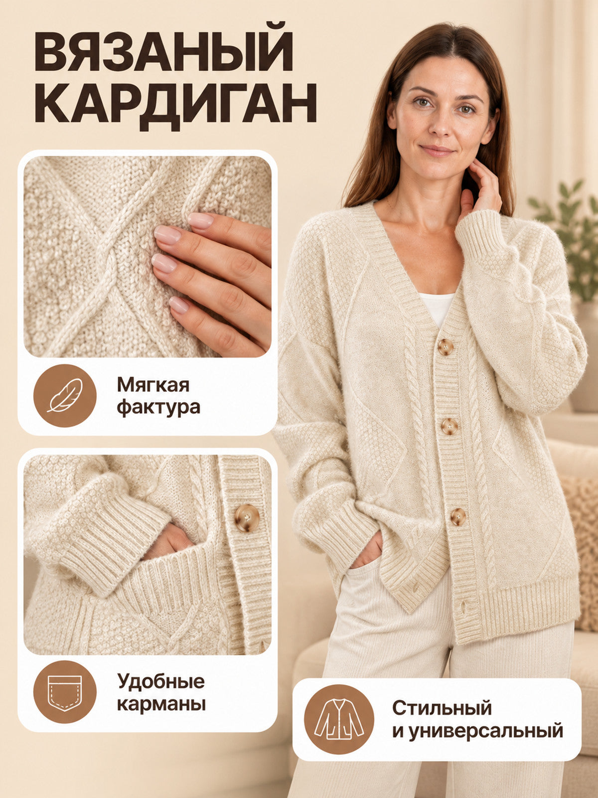 Cream-Beige Cable-Knit Cardigan with Pockets