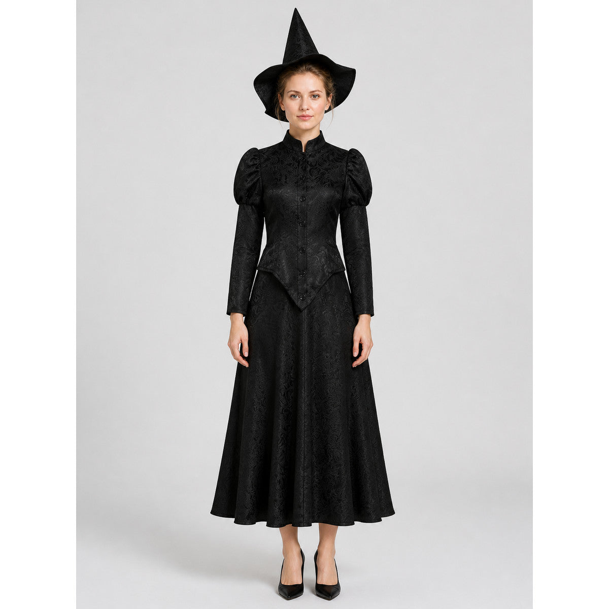 Black Elphaba Costume with Pointed Hat and Puff Sleeves on-model view