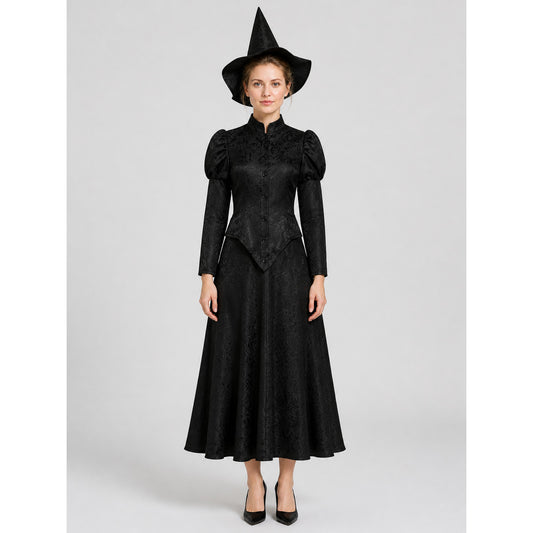 Black Elphaba Costume with Pointed Hat and Puff Sleeves on-model view