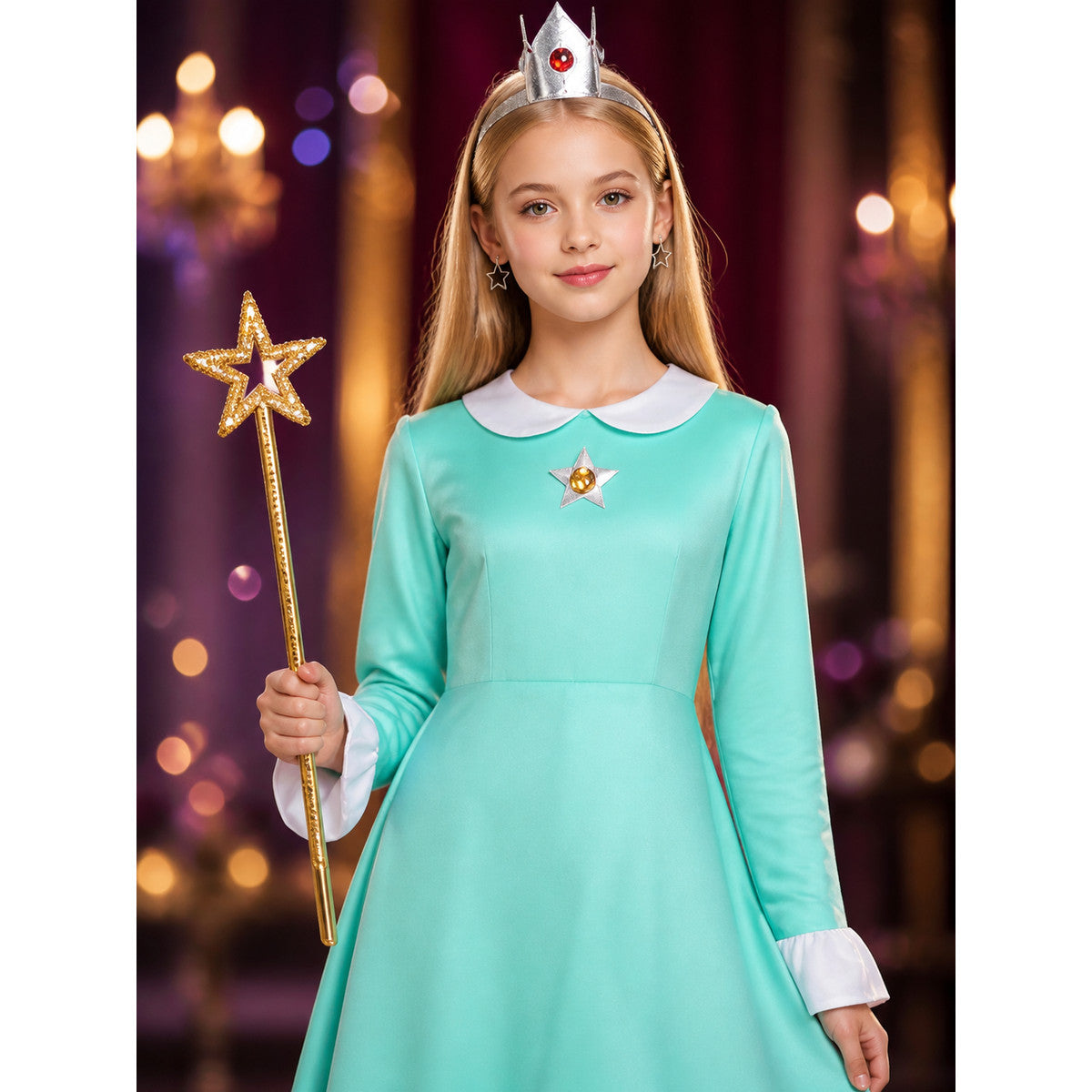 Kids' Peach Princess Costume Set - Dress with Crown, Brooch, Earrings & Magic on-model view