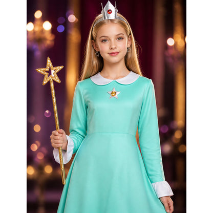 Kids' Peach Princess Costume Set - Dress with Crown, Brooch, Earrings & Magic on-model view