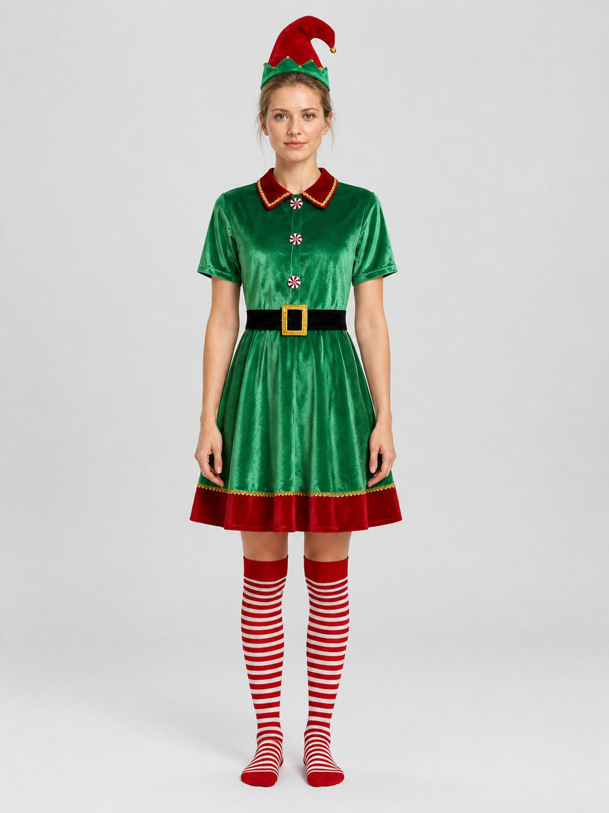 Christmas Elf Costume: Dress, Hat, Belt, and Socks