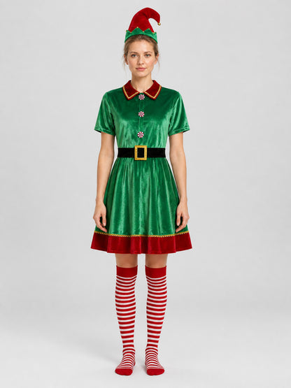 Christmas Elf Costume: Dress, Hat, Belt, and Socks