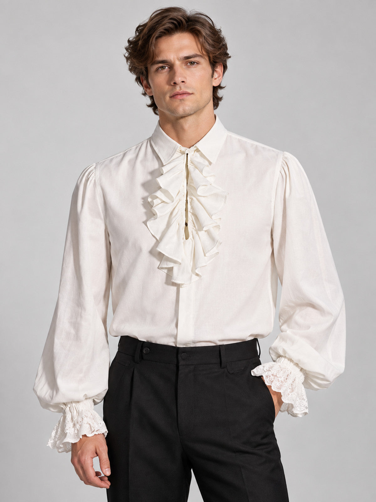 White shirt with a jabot and ruffles on the cuffs