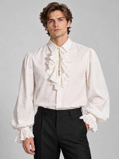 White shirt with a jabot and ruffles on the cuffs
