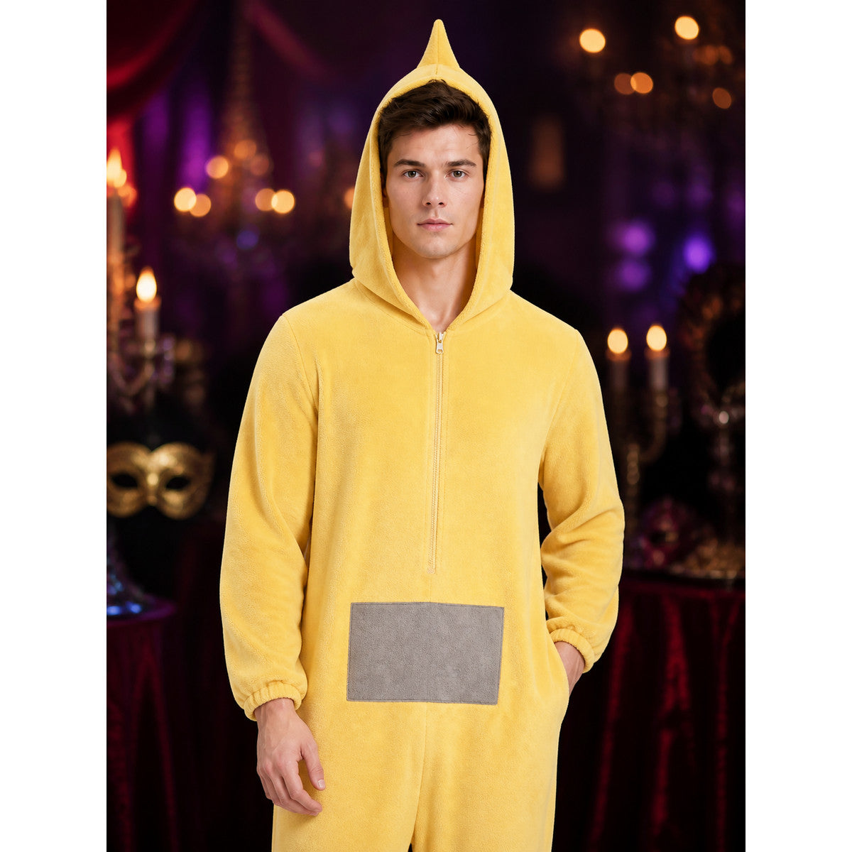 Adult Yellow Funny Cartoon Character Hooded Jumpsuit Halloween Party Costume on-model view