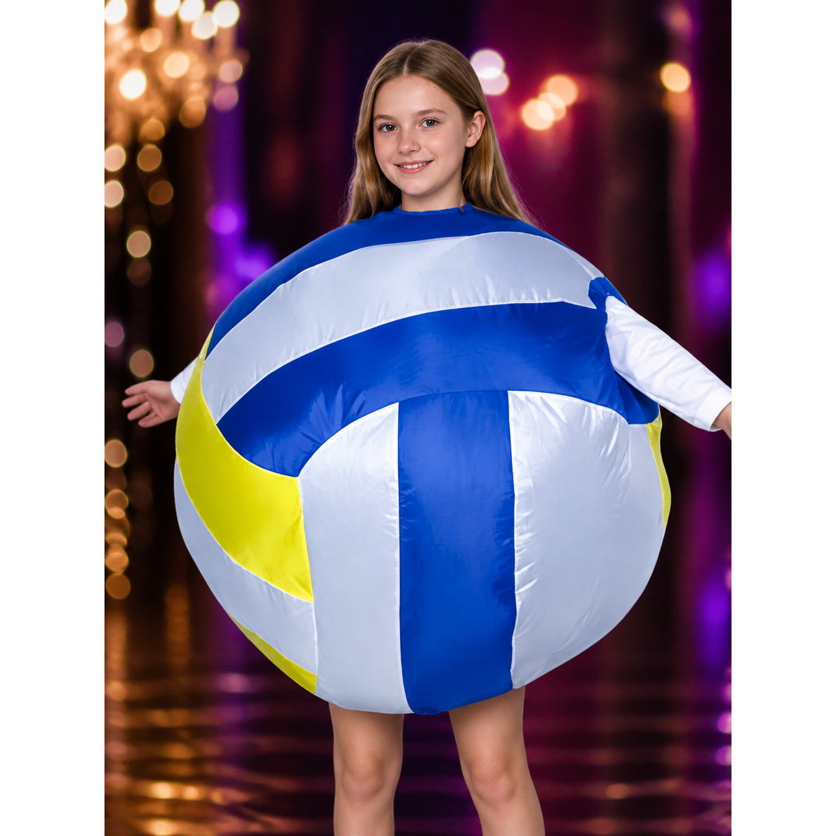 Adult Inflatable Spherical Bodysuit Costume, Blue White Fluorescent Yellow on-model view