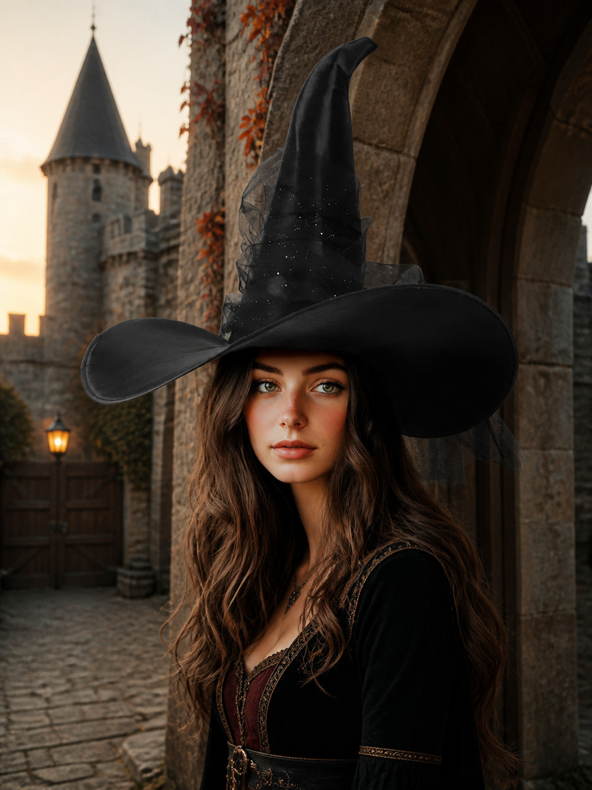 1pc Black Halloween Witch Hat Wide Brim Tall Pointed Wizard Cap with Mesh