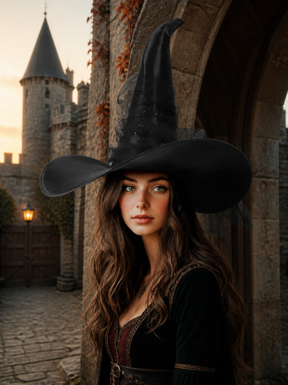 1pc Black Halloween Witch Hat Wide Brim Tall Pointed Wizard Cap with Mesh