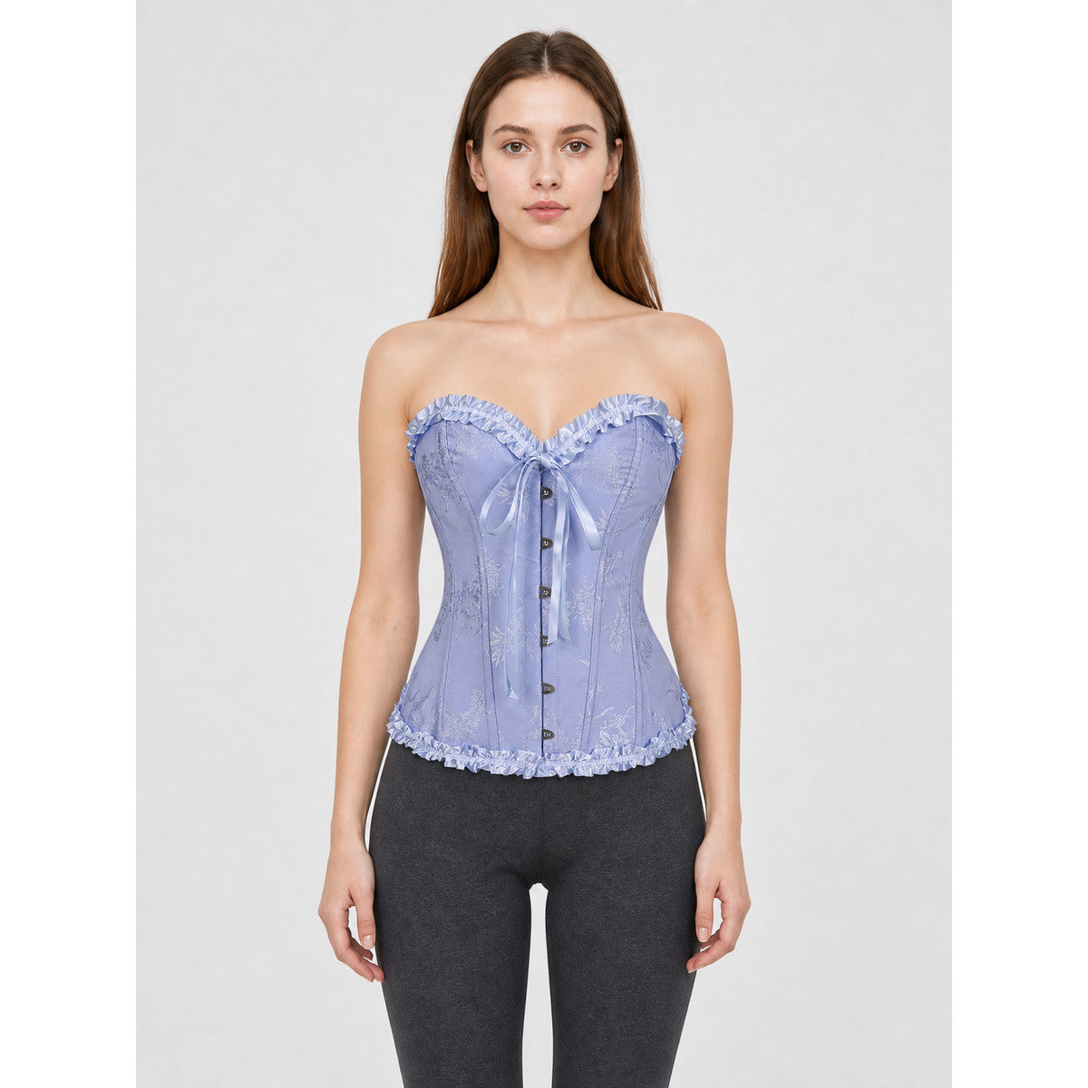 Corset Top with Ruffles and Lacing, Lavender on-model view