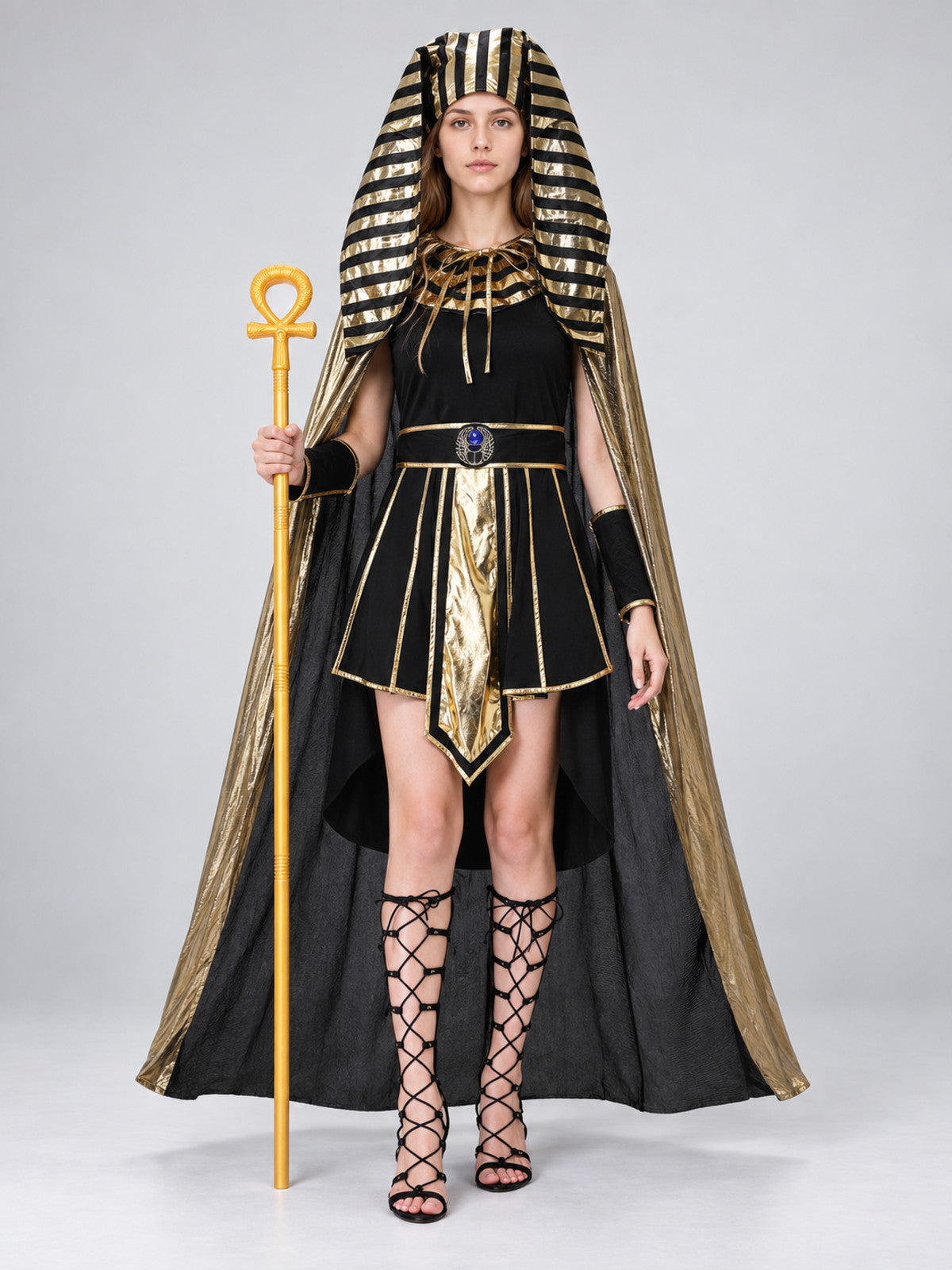 Egyptian Carnival Costume with Cape and Scepter on-model view