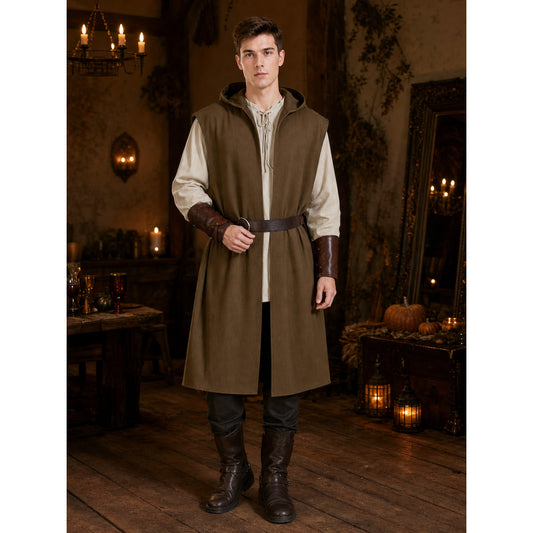Medieval-Inspired Cosplay Hooded Vest, Sleeveless Longline Brown Costume Outfit with Waist Belt, Open Front for Role Play Events