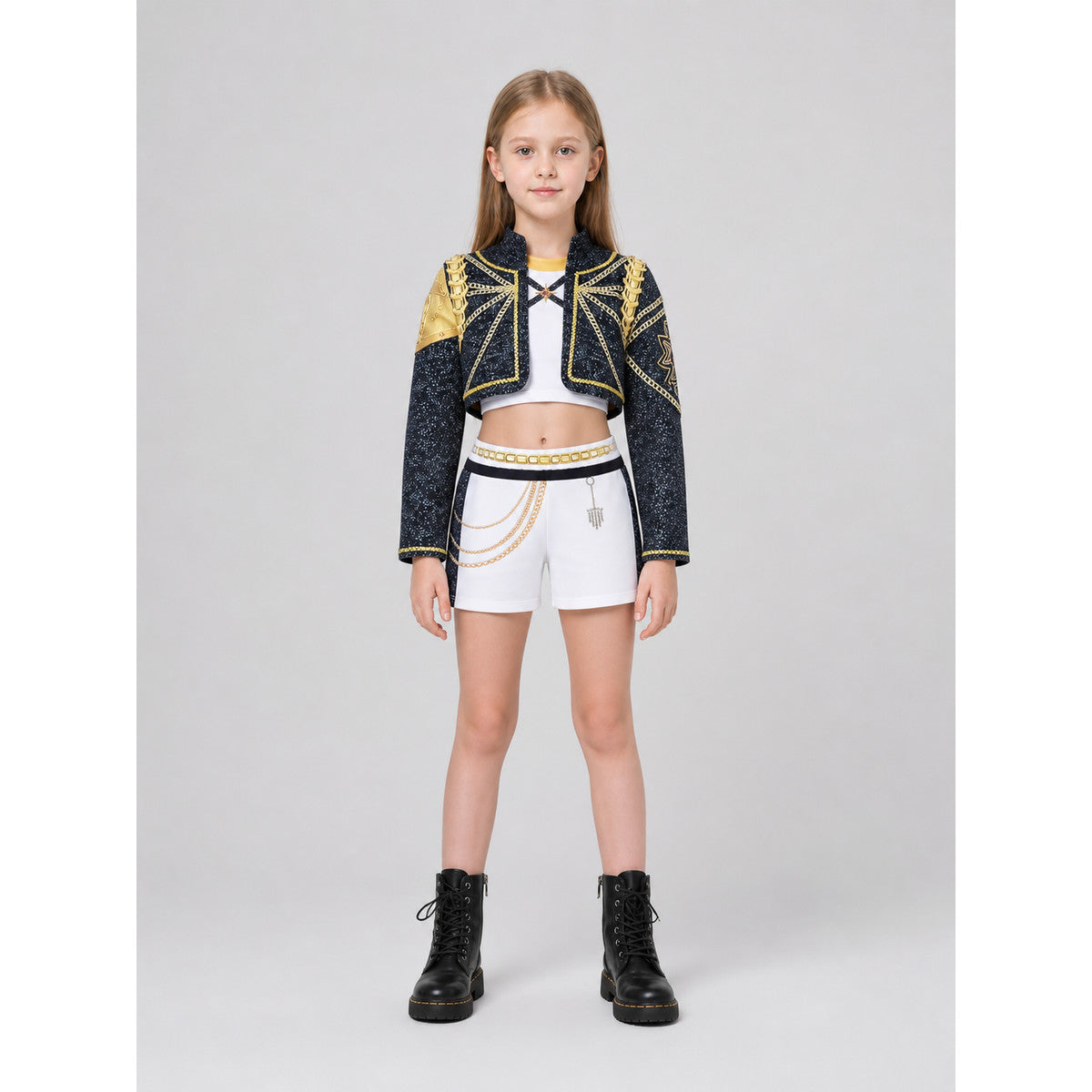 Children's Demon Hunter Costume, Black and Gold with Chains on-model view
