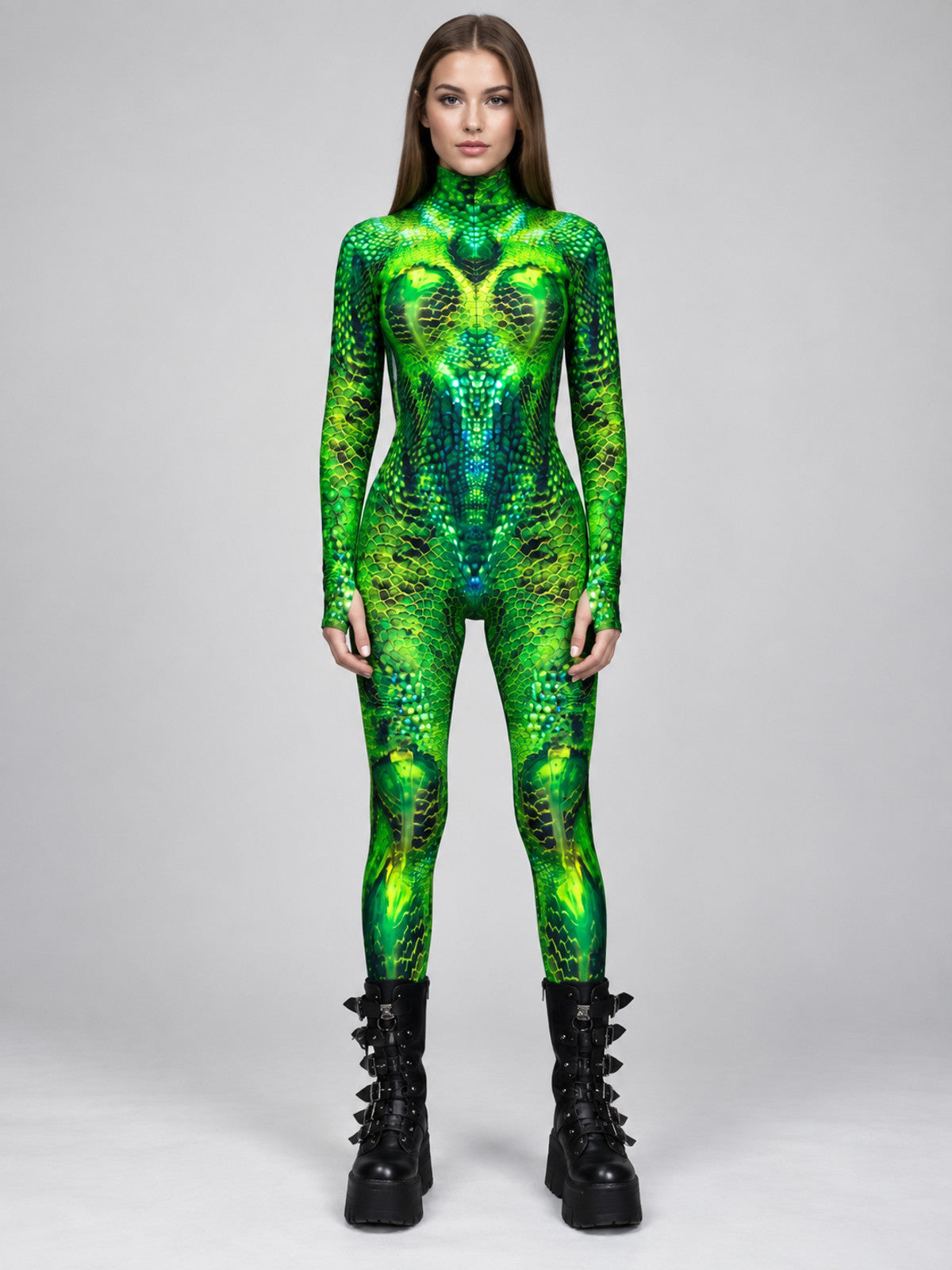 Green form-fitting jumpsuit with scale print