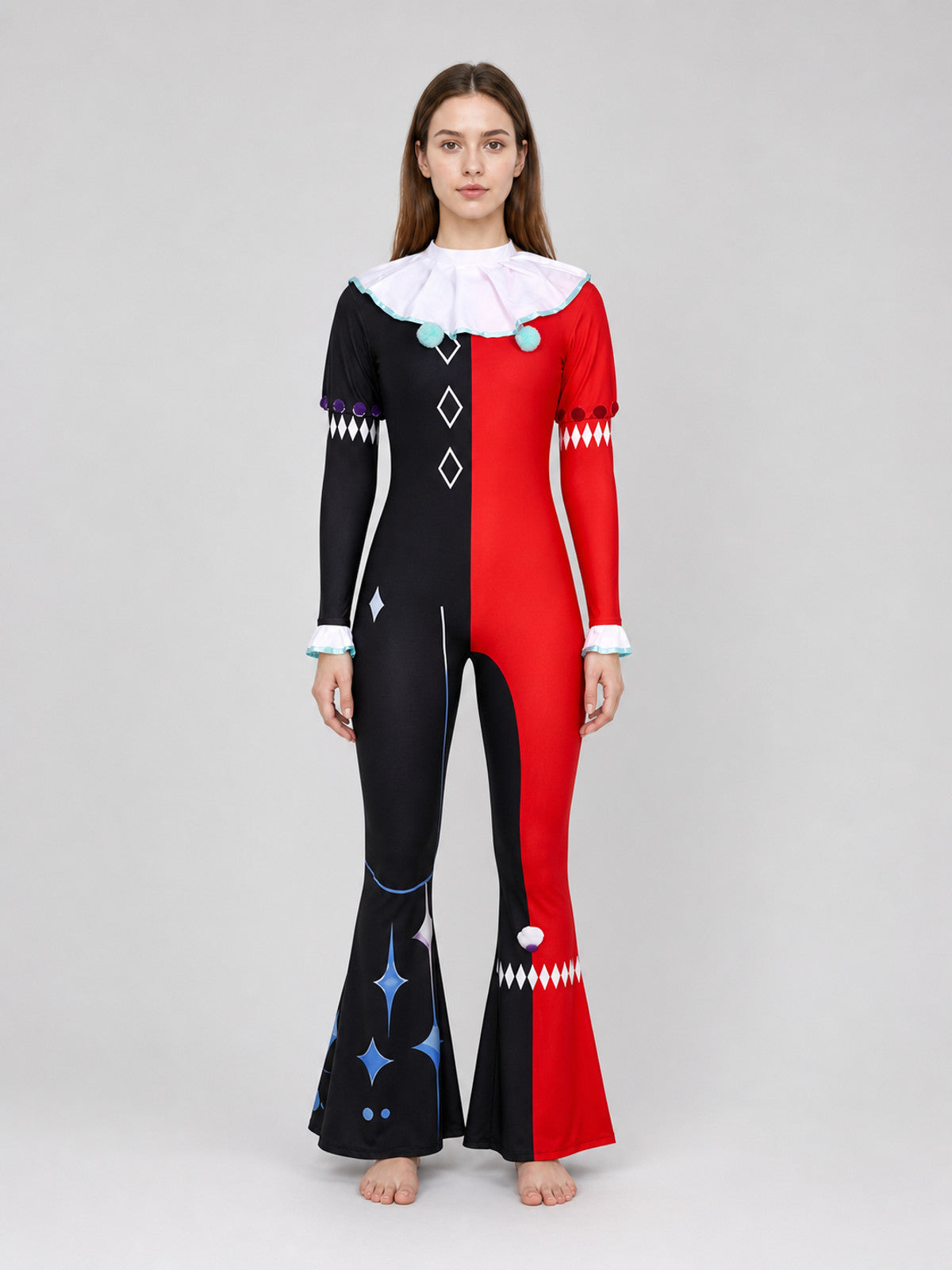 One-piece ghost clown costume in a theatrical circus style. The set includes a front view