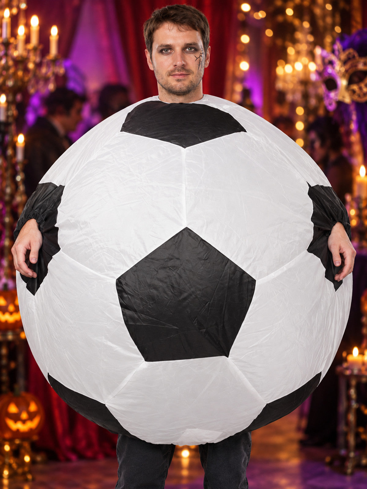 Inflatable carnival costume black and white with a soccer pattern