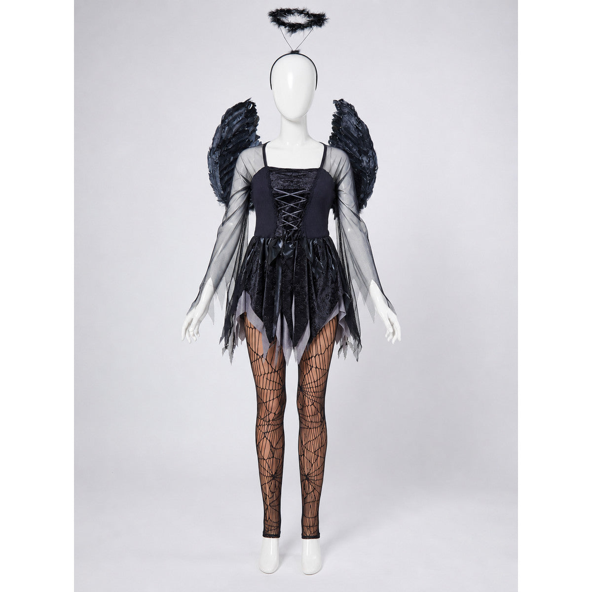 Black Angel Costume with Wings and Halo front view