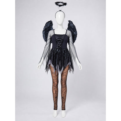 Black Angel Costume with Wings and Halo front view